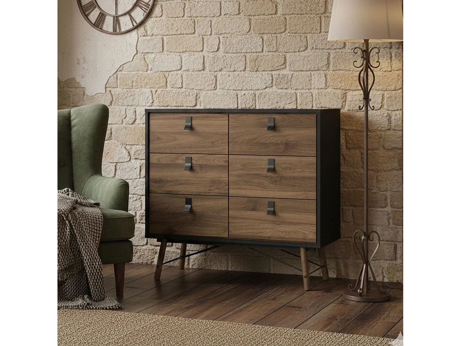 Buffet Drossitt, Buffet du salon, Commode de salon, Garde-manger de cuisine, 102x40 h95 cm, Noir et Noyer