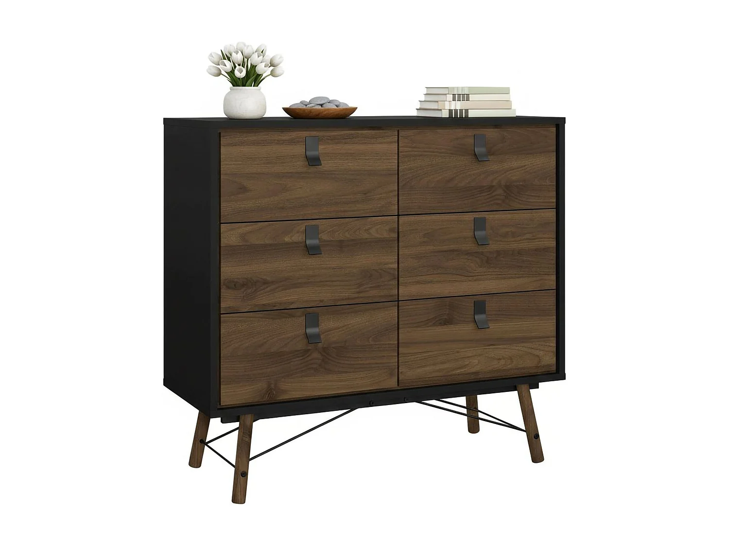 Drossitt dressoir, Woonkamerbuffet, Woonkamerdressoir, Keukenkast, 102x40 h95 cm, Zwart en Walnoot
