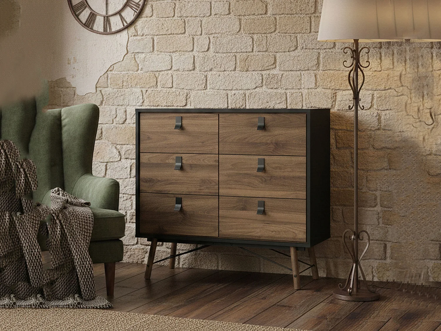 Kommode Drossitt, Wohnzimmerbuffet, Wohnzimmer-Sideboard, Moderne Küchen-Speisekammer, 102x40 h95 cm, Schwarz und Walnuss