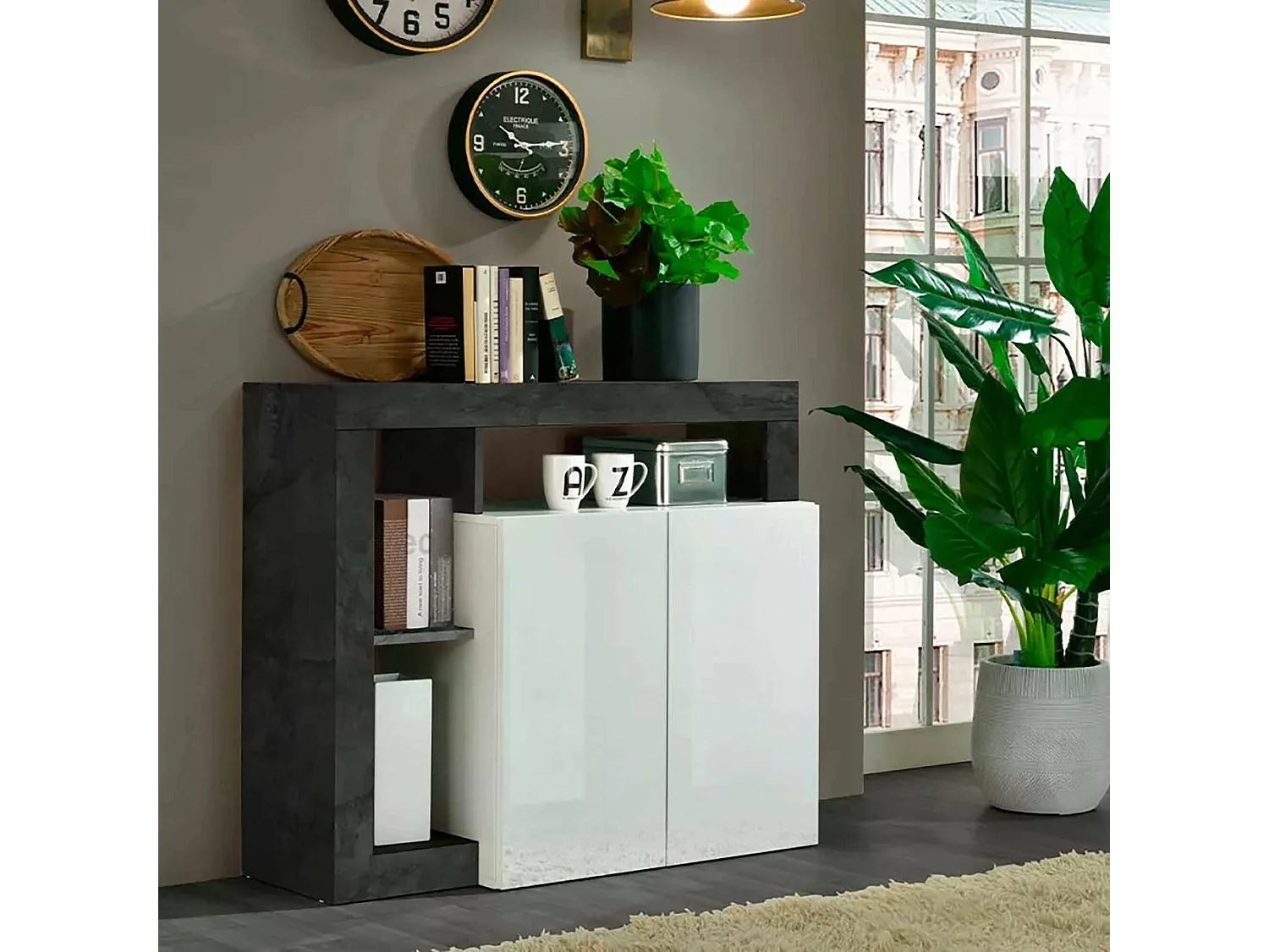 Buffet Dalle, Buffet du salon, Commode de salon, Garde-manger de cuisine, Made in Italy, 108x42 h93 cm, Blanc brillant et ardoise