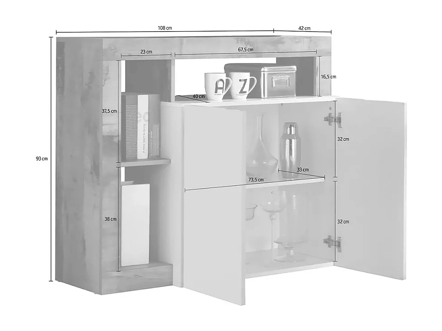 Buffet Dalle, Buffet du salon, Commode de salon, Garde-manger de cuisine, Made in Italy, 108x42 h93 cm, Blanc brillant et ardoise