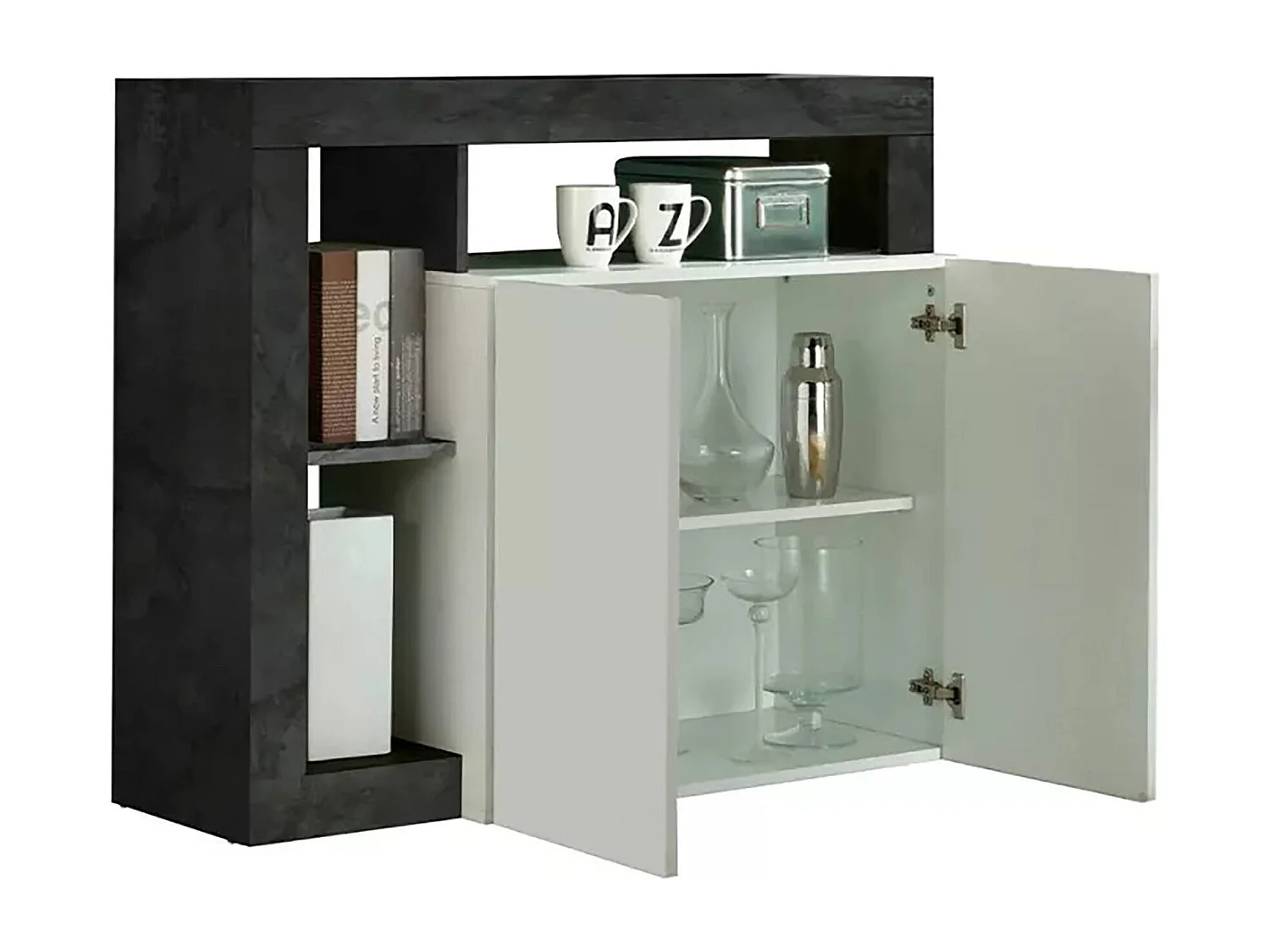 Buffet Dalle, Buffet du salon, Commode de salon, Garde-manger de cuisine, Made in Italy, 108x42 h93 cm, Blanc brillant et ardoise