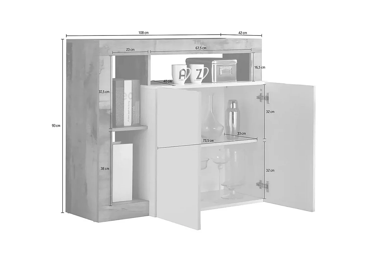 Dalle Dressoir, Woonkamerbuffet, Woonkamerdressoir, Keukenkast, Made in Italy, 108x42 h93 cm, Glanzend wit en Leisteen