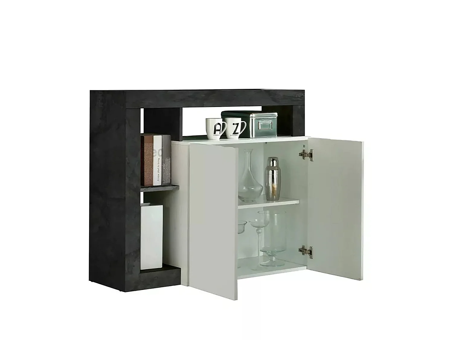 Dalle Dressoir, Woonkamerbuffet, Woonkamerdressoir, Keukenkast, Made in Italy, 108x42 h93 cm, Glanzend wit en Leisteen