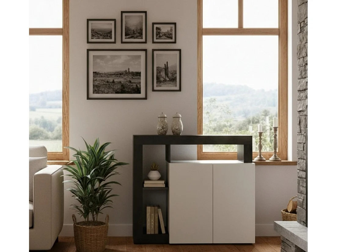 Dalle Dressoir, Woonkamerbuffet, Woonkamerdressoir, Keukenkast, Made in Italy, 108x42 h93 cm, Glanzend wit en Leisteen