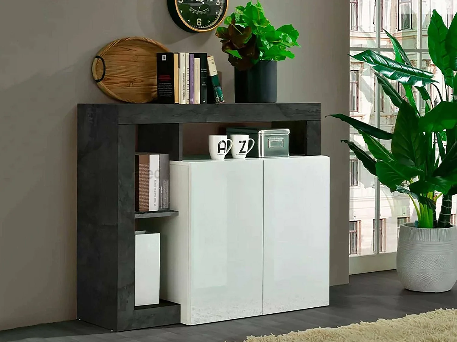 Dalle Dressoir, Woonkamerbuffet, Woonkamerdressoir, Keukenkast, Made in Italy, 108x42 h93 cm, Glanzend wit en Leisteen
