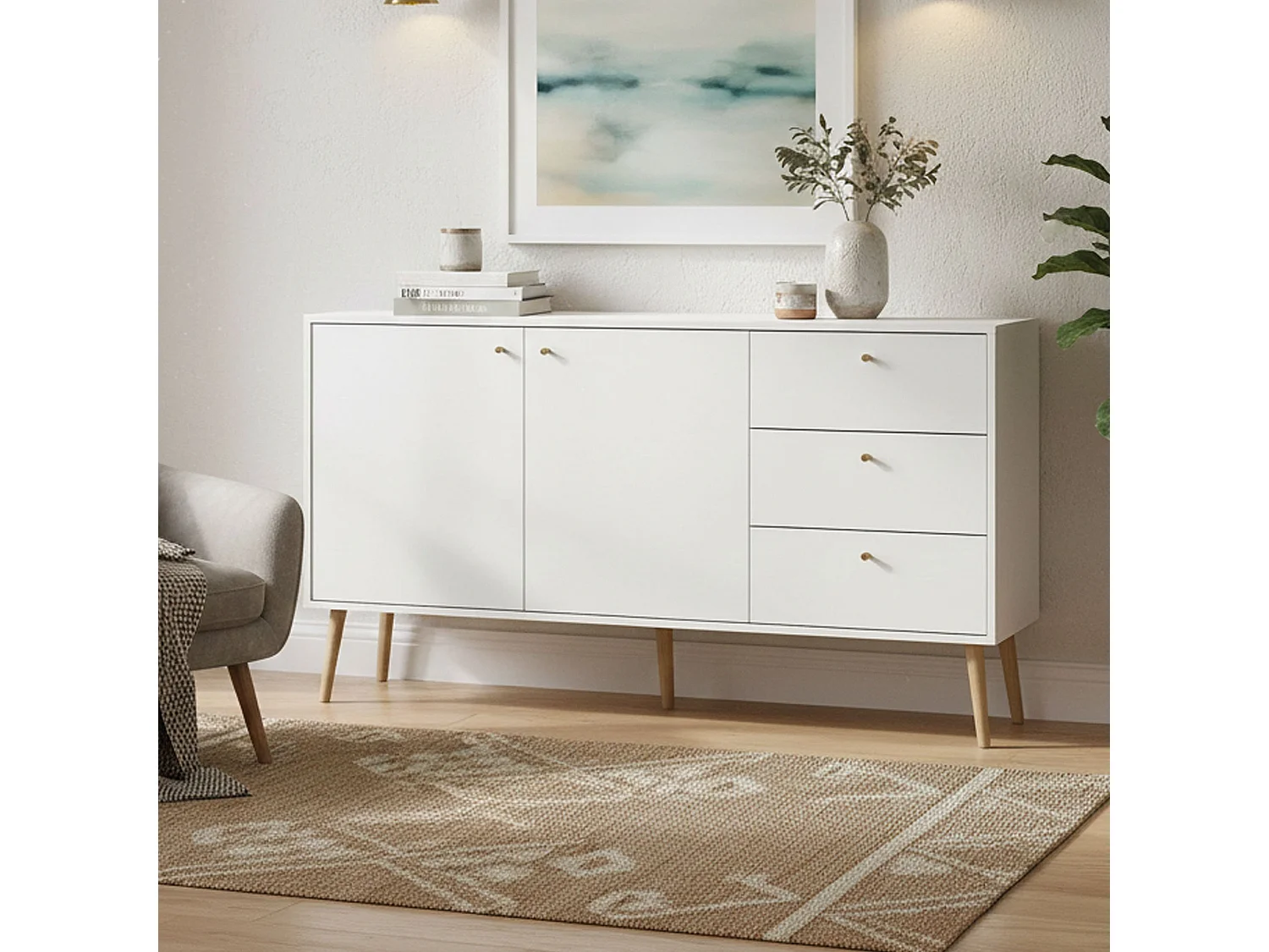 Buffet Dsann, Buffet du salon, Commode de salon, Garde-manger de cuisine, 147x39 h82 cm, Blanc