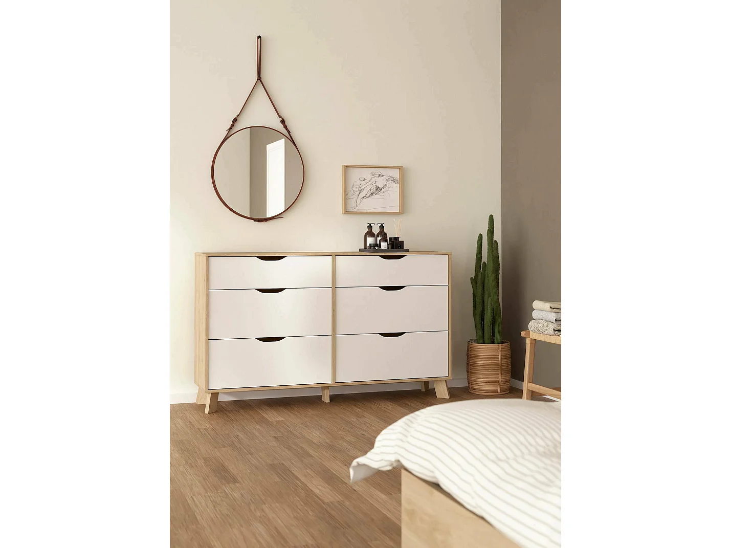 Drozzi dressoir, Woonkamerbuffet, Woonkamerdressoir, Keukenkast, 156x40 h92 cm, Eiken en Wit