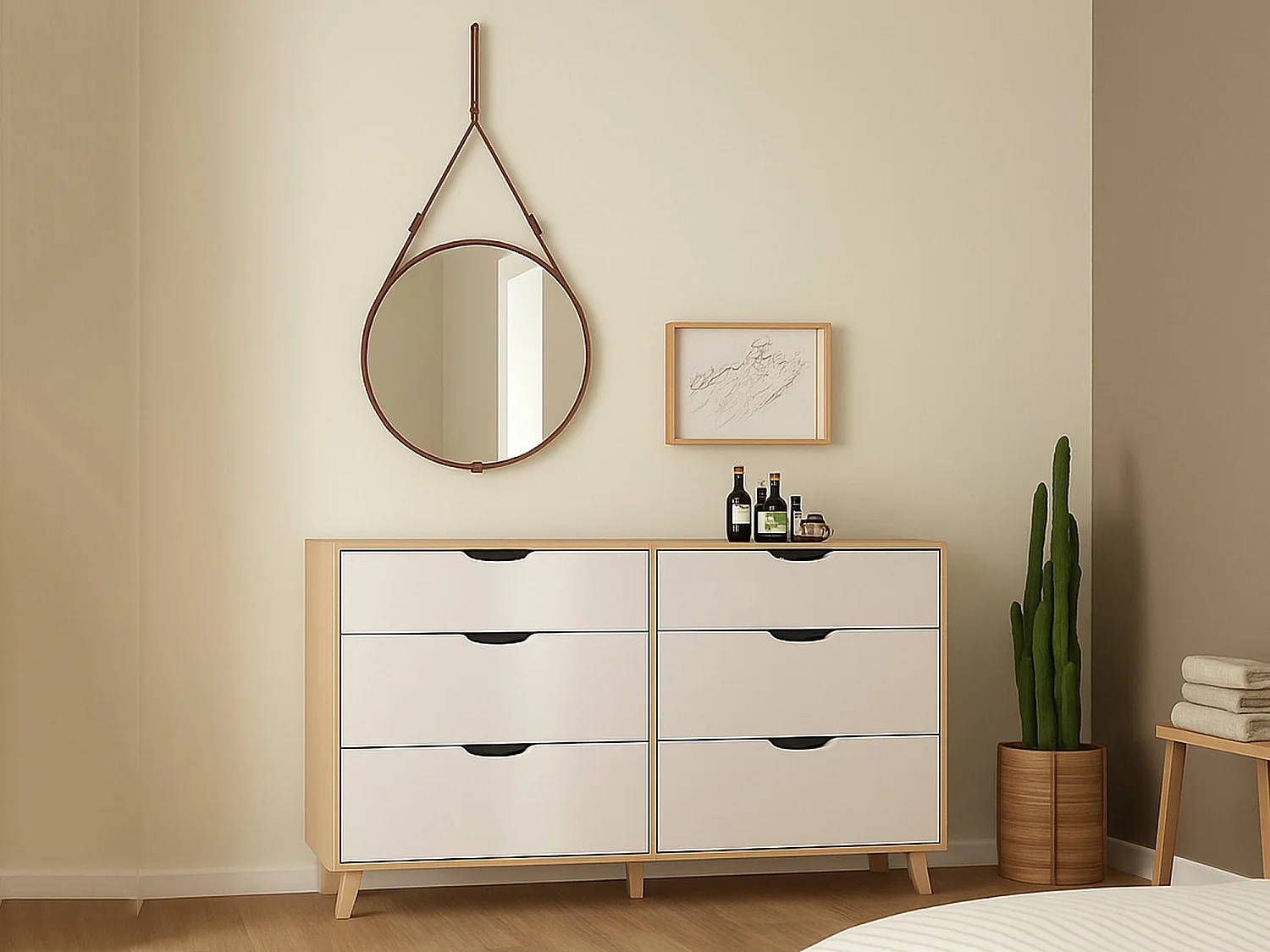 Drozzi dressoir, Woonkamerbuffet, Woonkamerdressoir, Keukenkast, 156x40 h92 cm, Eiken en Wit