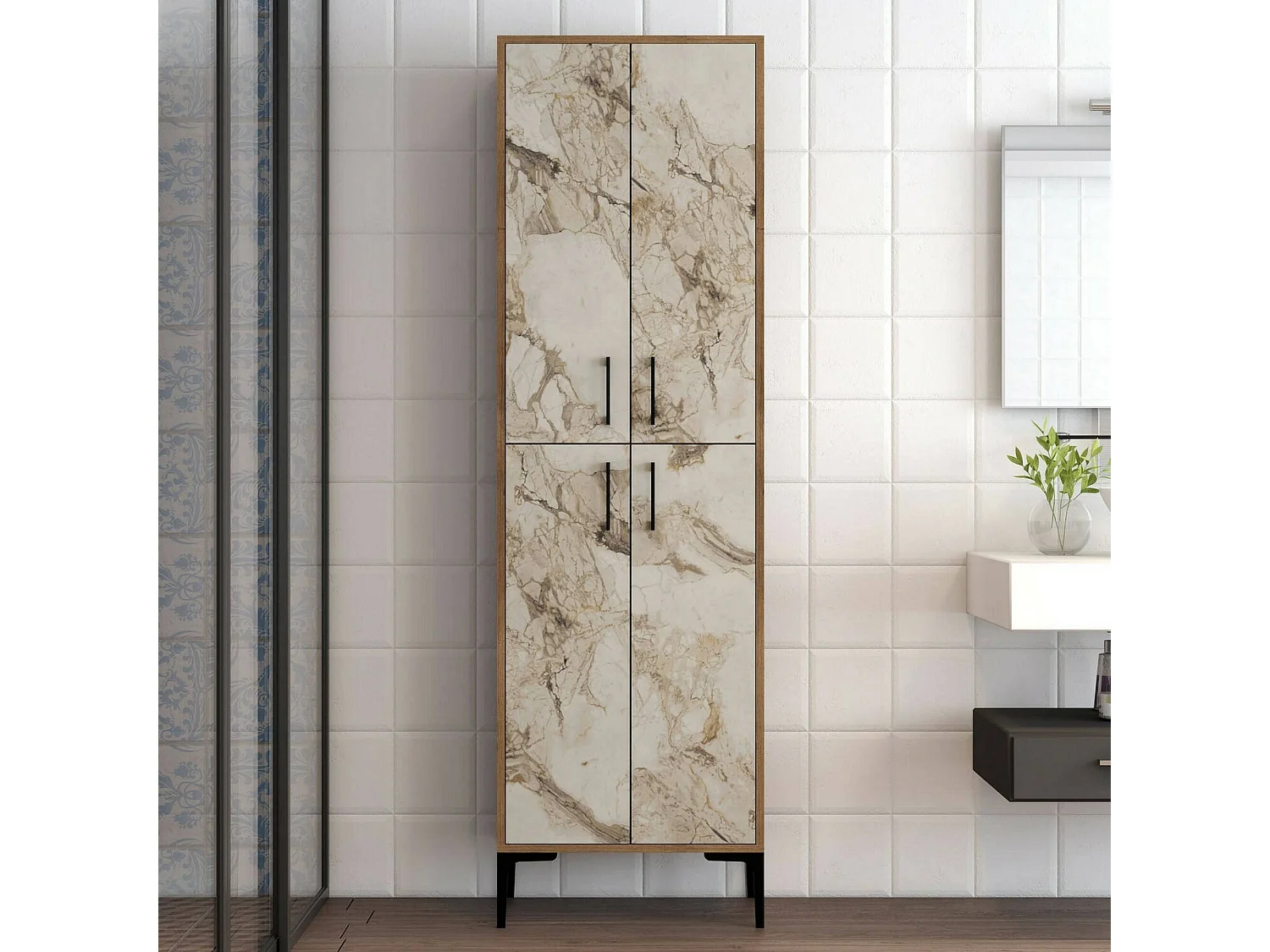 Gran armario multiusos Denipot, Muebles multifuncionales, Zapatero, Armario para zapatos, 60x35h200 cm, Nogal y Mármol Blanco