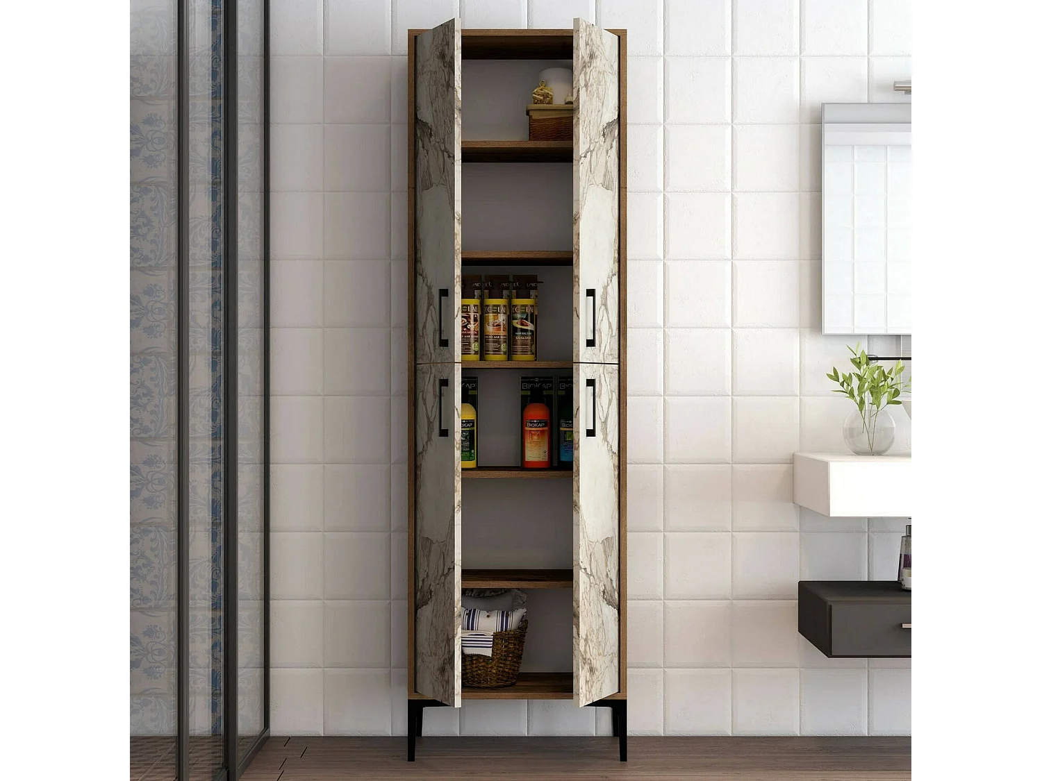 Grande armoire polyvalente Denipot, Meubles multifonctionnels, Casier à chaussures, Support à chaussures pour armoire, 60x35h200 cm, Noyer et Marbre Blanc