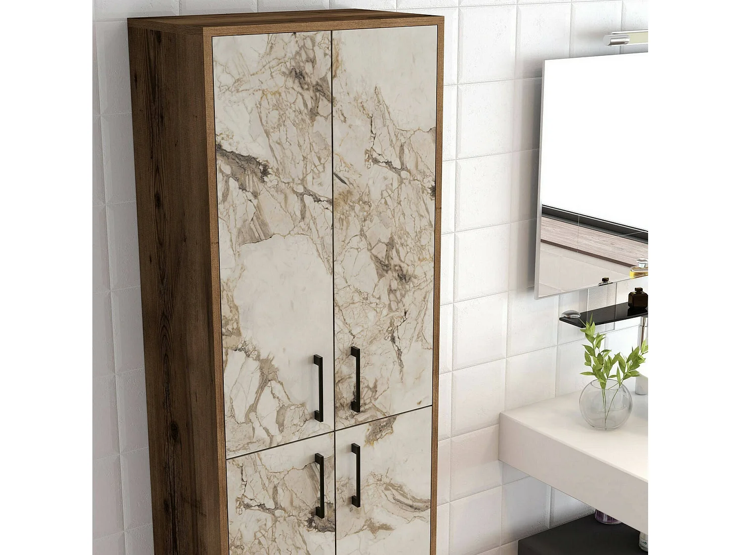 Denipot grote multifunctionele kledingkast, Multifunctionele kast, Schoenenrekkast, Schoenenkast, 60x35h200 cm, Walnoot en Wit Marmer