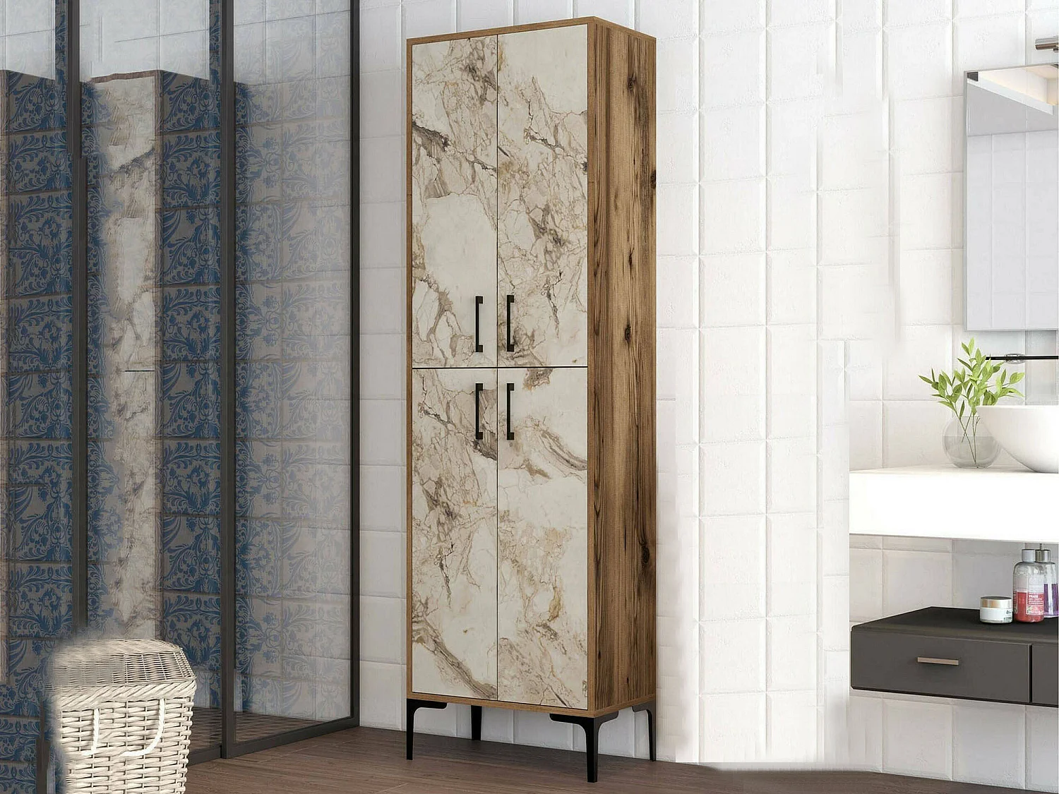 Grande armoire polyvalente Denipot, Meubles multifonctionnels, Casier à chaussures, Support à chaussures pour armoire, 60x35h200 cm, Noyer et Marbre Blanc