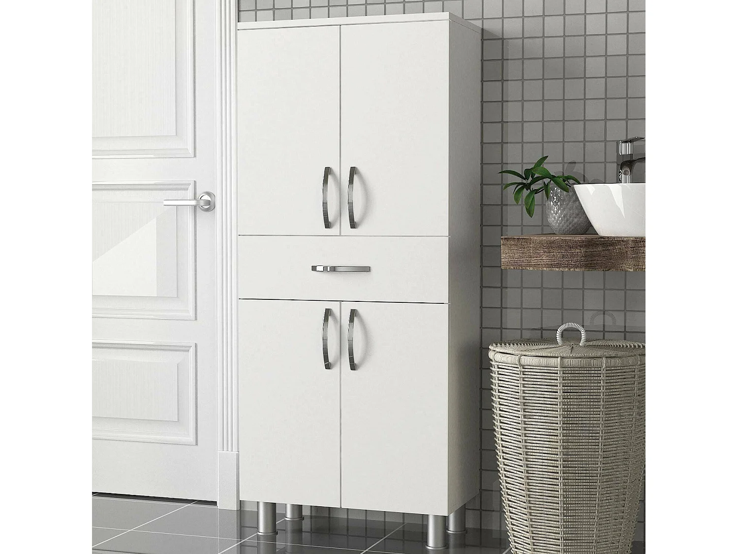 Grande armoire polyvalente Dradovano, Meubles multifonctionnels, Casier à chaussures, Support à chaussures pour armoire, 59x32 h140 cm, Blanc