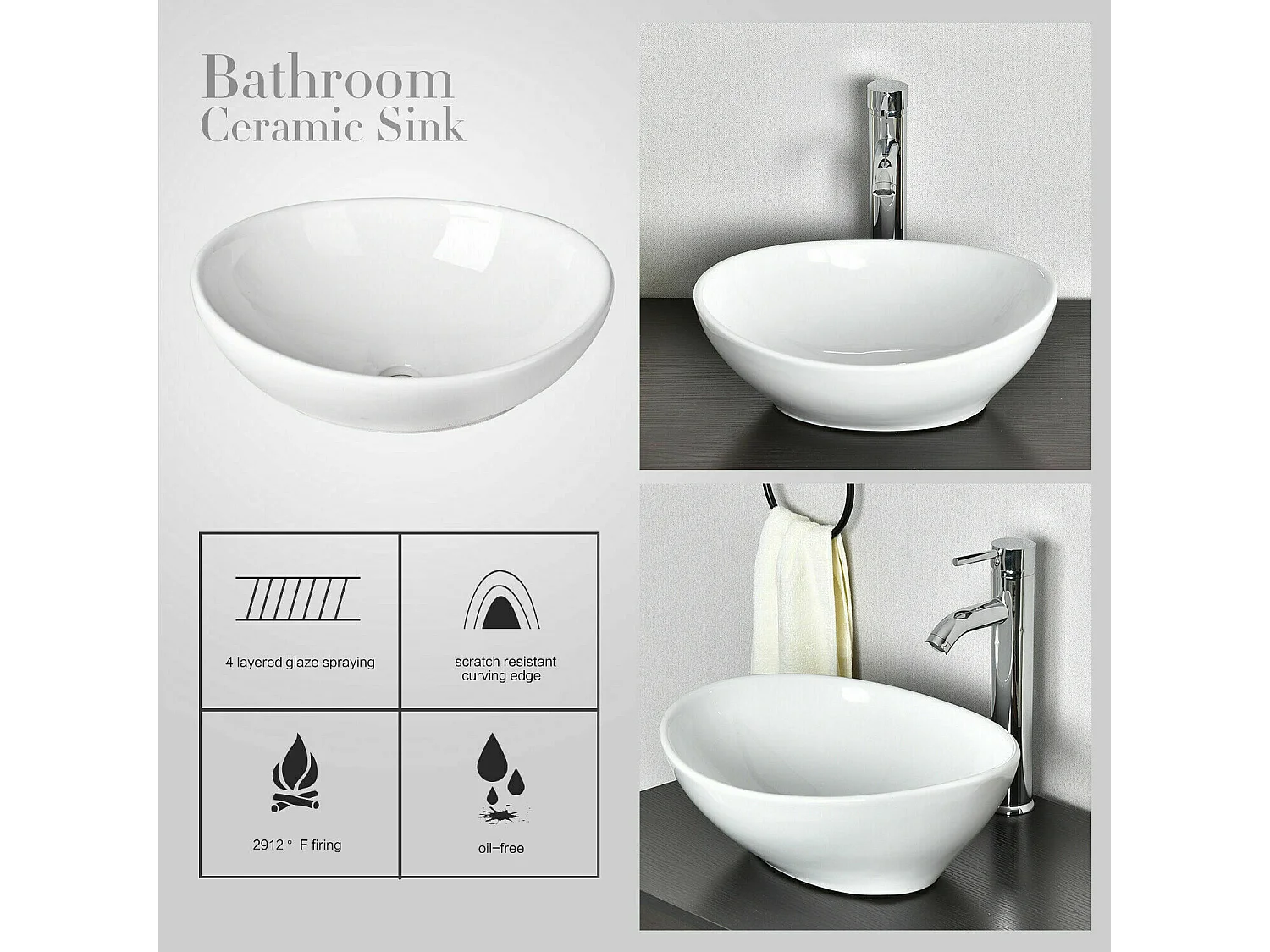 Lavabo Ovale Moderne en Céramique, Évier de Salle de Bain, Bac à Laver Blanc, 410x340x150mm