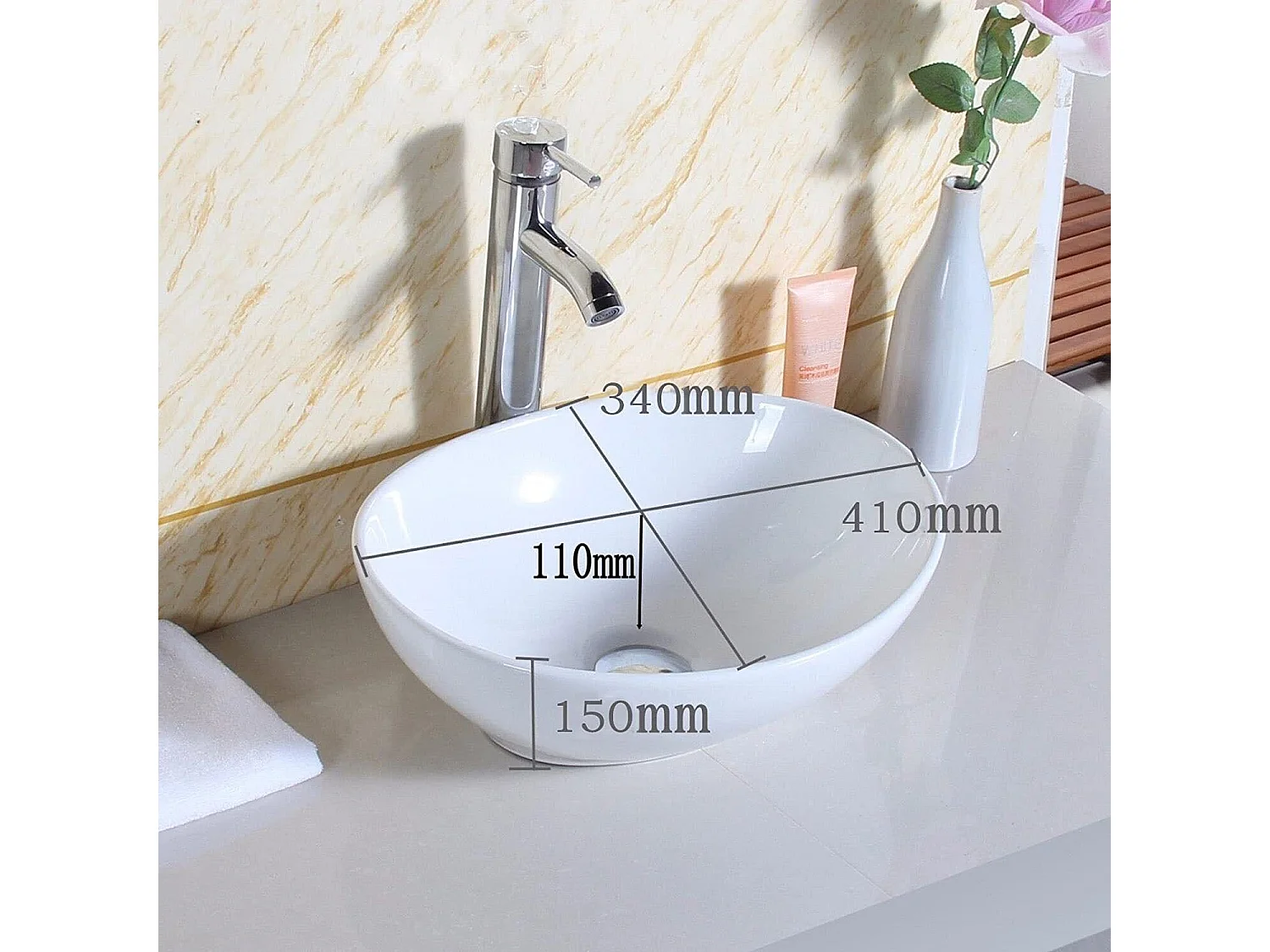 Lavabo Ovale Moderne en Céramique, Évier de Salle de Bain, Bac à Laver Blanc, 410x340x150mm