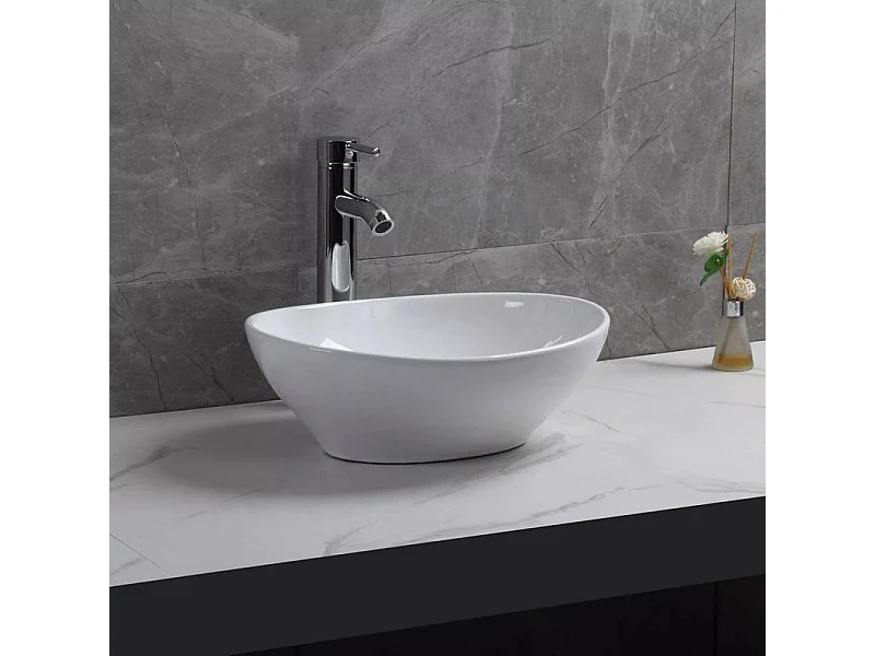 Moderno fregadero ovalado de cerámica, lavabo del baño, bandeja de lavado blanco, 410x340x150 mm