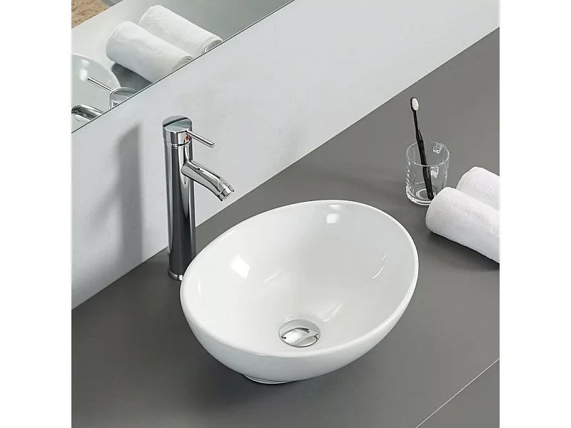 Moderno fregadero ovalado de cerámica, lavabo del baño, bandeja de lavado blanco, 410x340x150 mm