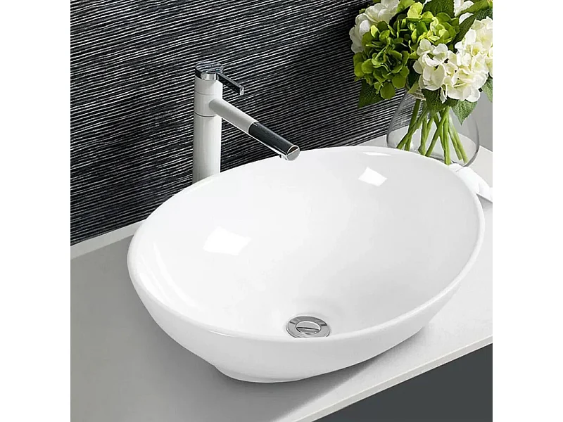 Moderno fregadero ovalado de cerámica, lavabo del baño, bandeja de lavado blanco, 410x340x150 mm