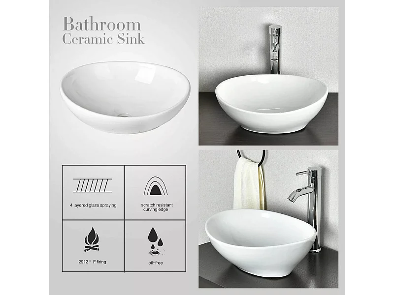 Moderno fregadero ovalado de cerámica, lavabo del baño, bandeja de lavado blanco, 410x340x150 mm