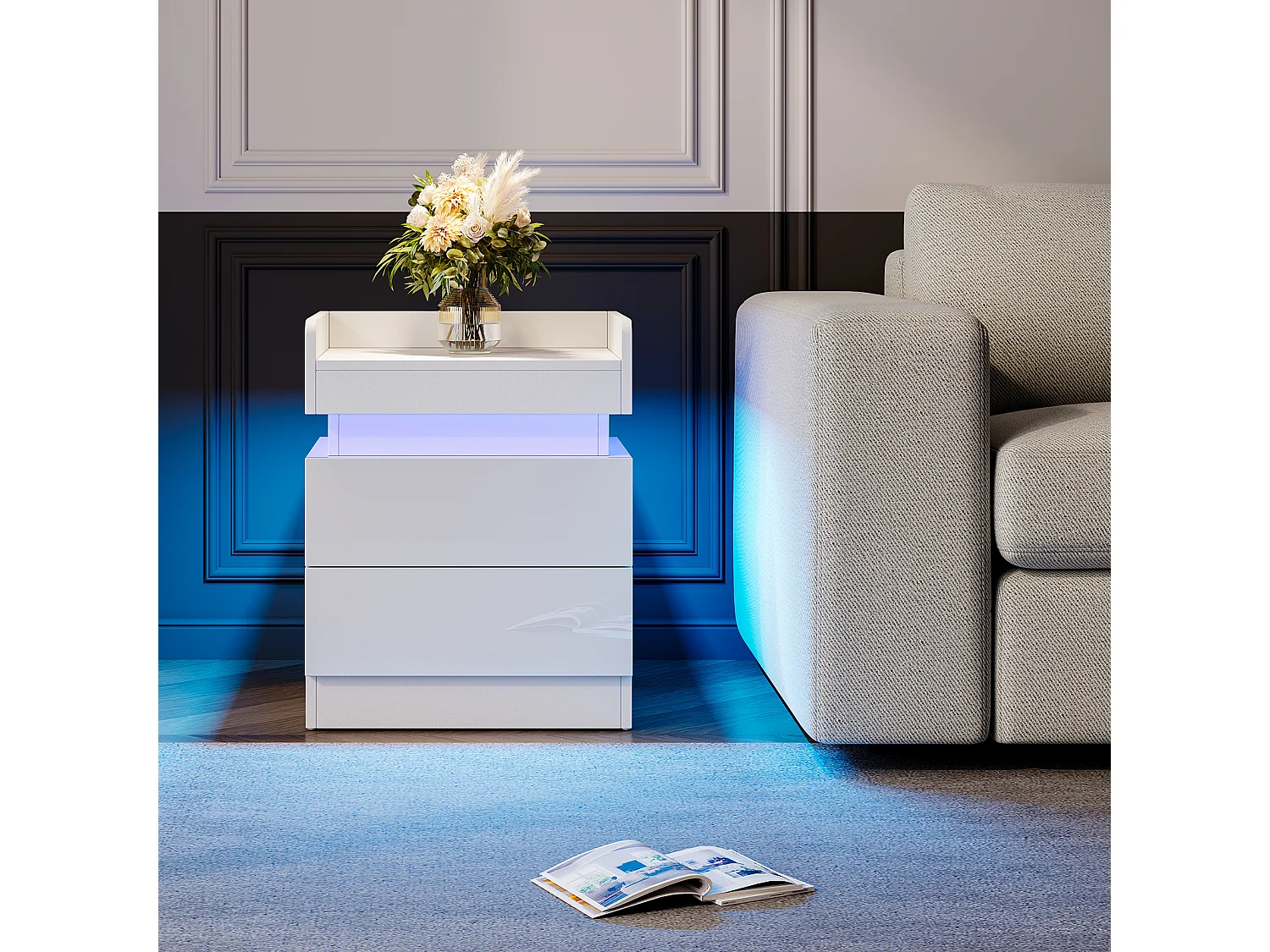 Nachtkastje LED-nachtkastje met 2 opbergladen en meerkleurige LED-strip, opbergruimte op het bovenste niveau, 45x33,5x58cm, wit