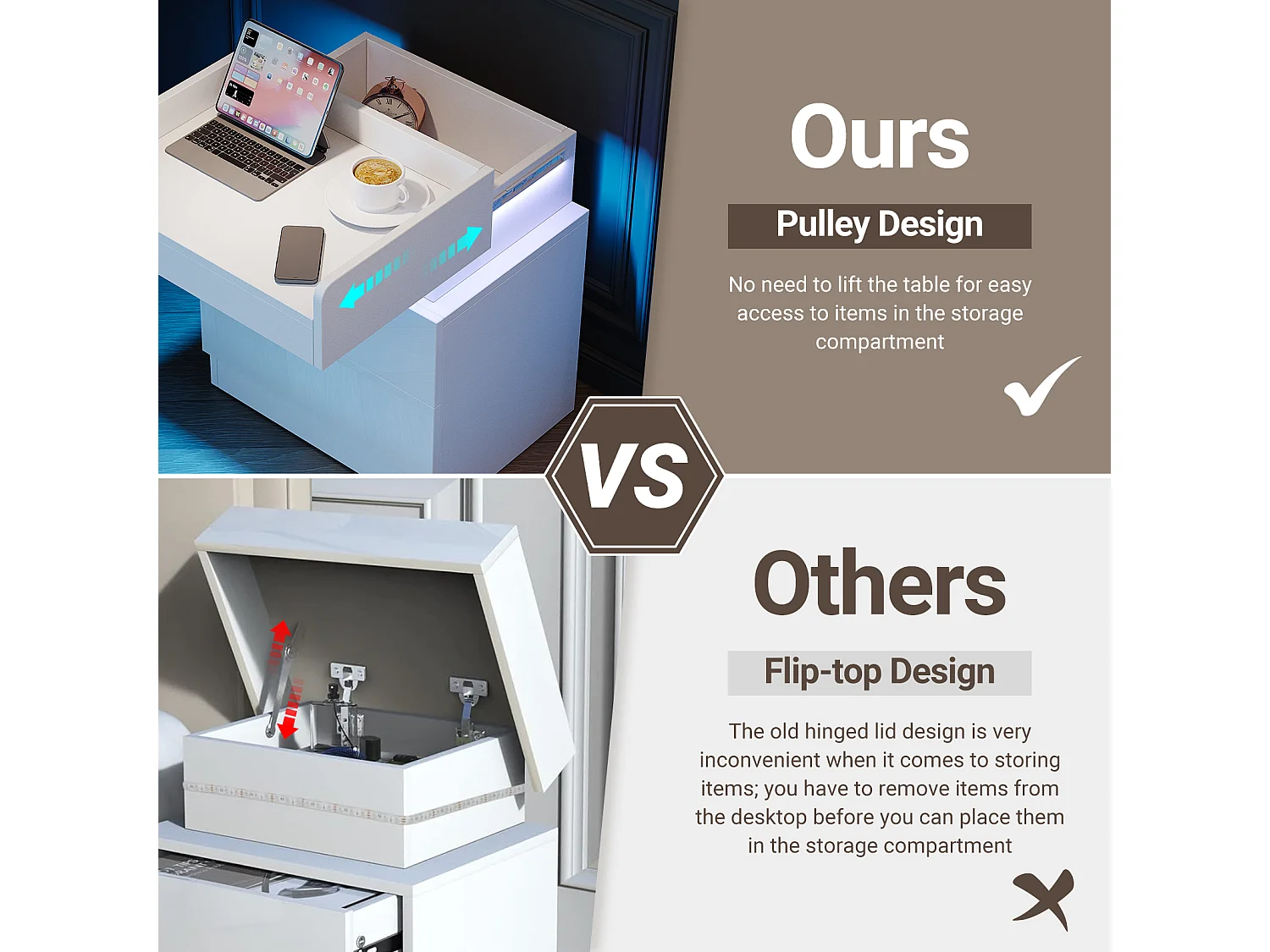 Nachtkastje LED-nachtkastje met 2 opbergladen en meerkleurige LED-strip, opbergruimte op het bovenste niveau, 45x33,5x58cm, wit