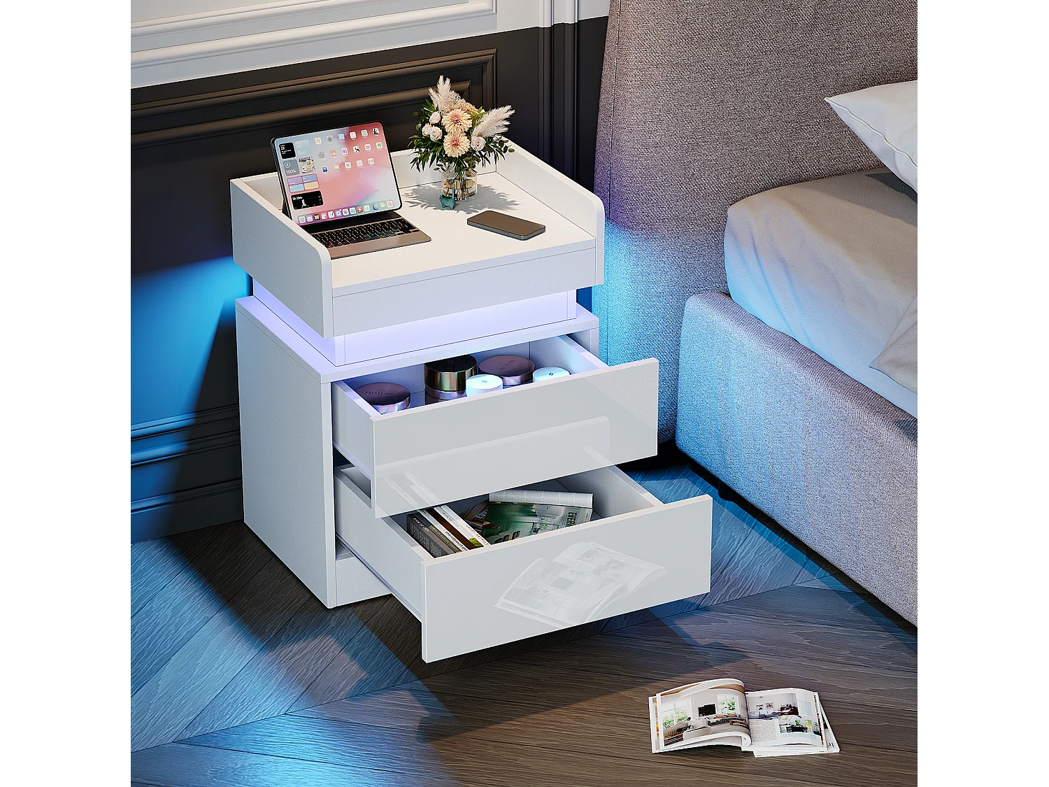 Table de Chevet Table de Nuit LED avec 2 tiroirs de rangement et Bande LED Multicolore,Espace de stockage au niveau supérieur,45x33.5x58cm,Blanc