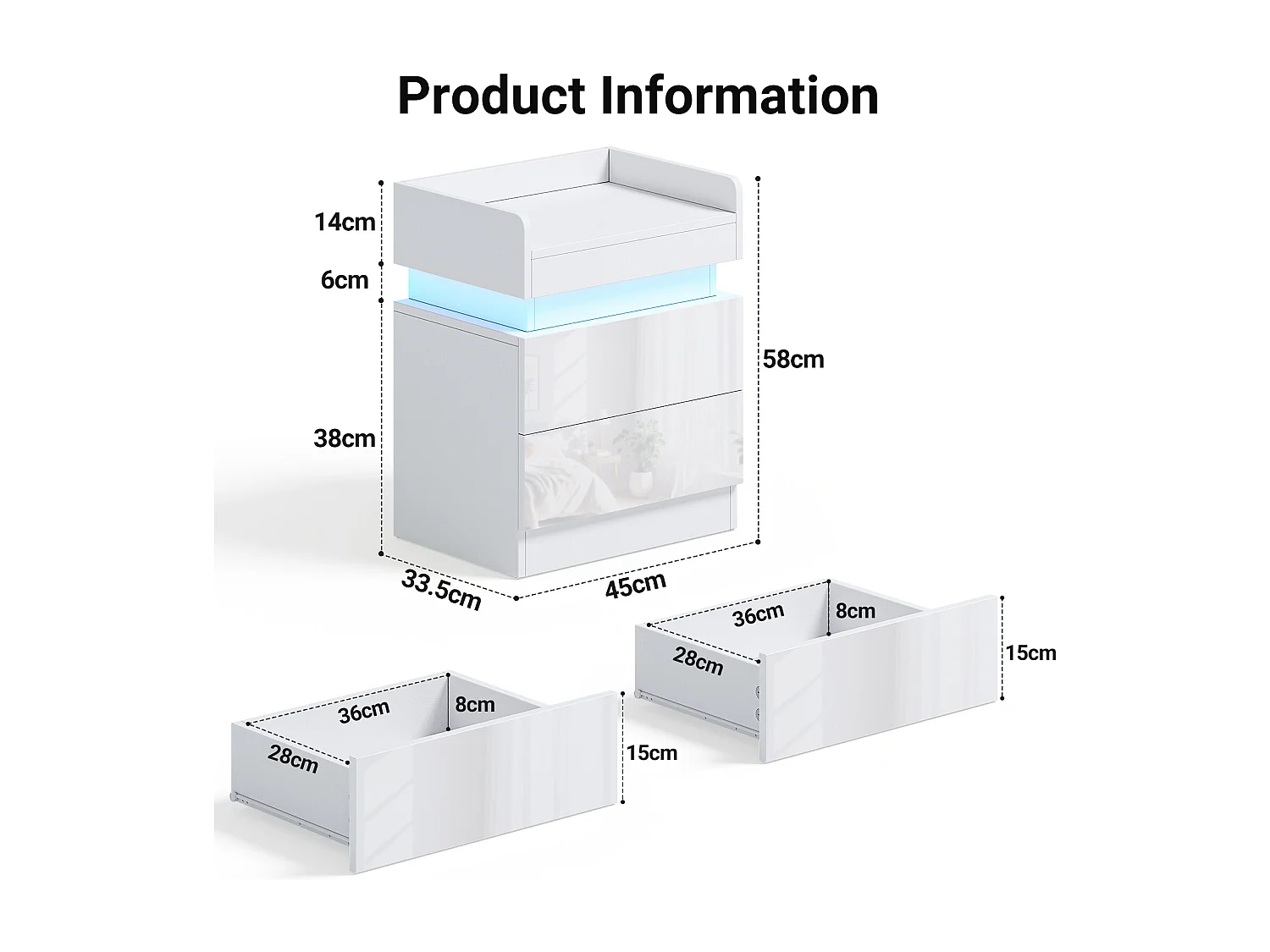Table de Chevet Table de Nuit LED avec 2 tiroirs de rangement et Bande LED Multicolore,Espace de stockage au niveau supérieur,45x33.5x58cm,Blanc