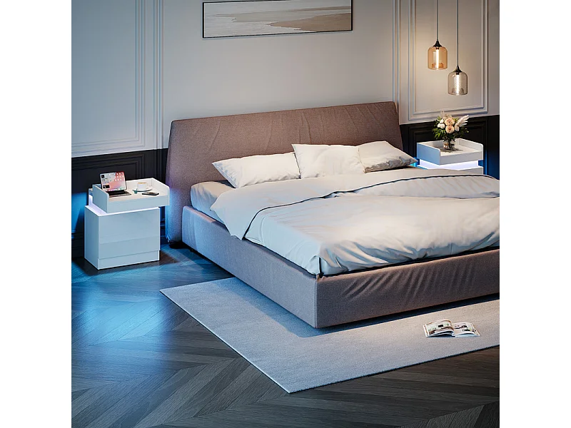 Table de Chevet Table de Nuit LED avec 2 tiroirs de rangement et Bande LED Multicolore,Espace de stockage au niveau supérieur,45x33.5x58cm,Blanc
