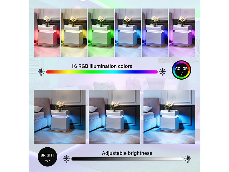 Table de Chevet Table de Nuit LED avec 2 tiroirs de rangement et Bande LED Multicolore,Espace de stockage au niveau supérieur,45x33.5x58cm,Blanc