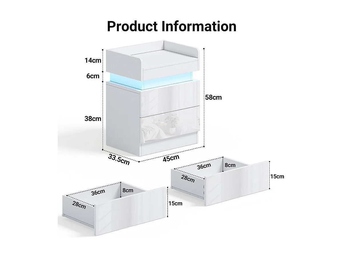 Table de Chevet Table de Nuit LED avec 2 tiroirs de rangement et Bande LED Multicolore,Espace de stockage au niveau supérieur,45x33.5x58cm,Blanc