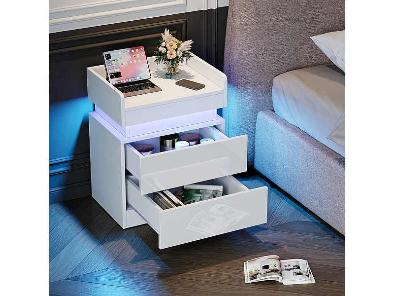 Table de Chevet Table de Nuit LED avec 2 tiroirs de rangement et Bande LED Multicolore,Espace de stockage au niveau supérieur,45x33.5x58cm,Blanc