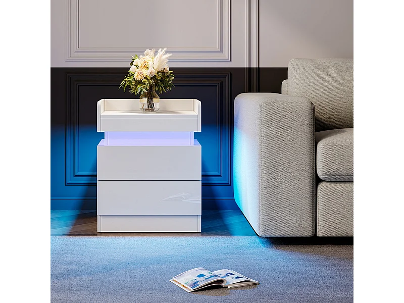 Table de Chevet Table de Nuit LED avec 2 tiroirs de rangement et Bande LED Multicolore,Espace de stockage au niveau supérieur,45x33.5x58cm,Blanc