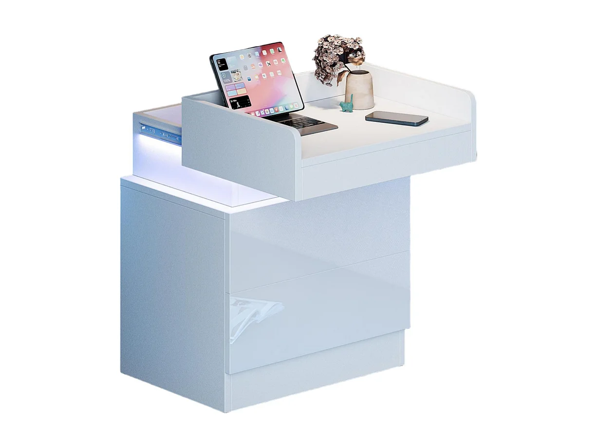 Table de Chevet Table de Nuit LED avec 2 tiroirs de rangement et Bande LED Multicolore,Espace de stockage au niveau supérieur,45x33.5x58cm,Blanc