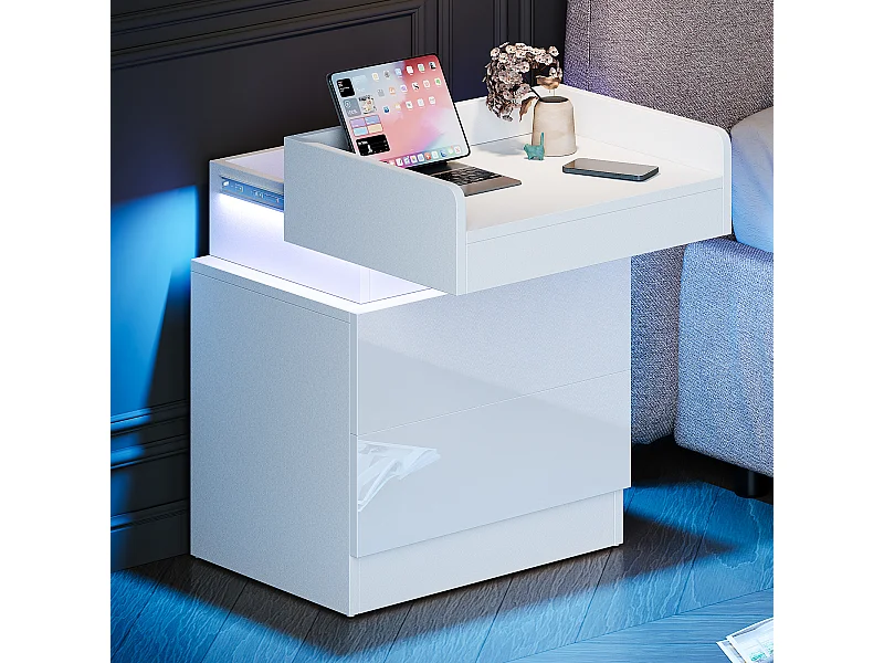 Tabela de cabeceira da mesa da noite LED com 2 gavetas de armazenamento LED multicoloridas, espaço de armazenamento no nível superior, 45x33.5x58cm, branco
