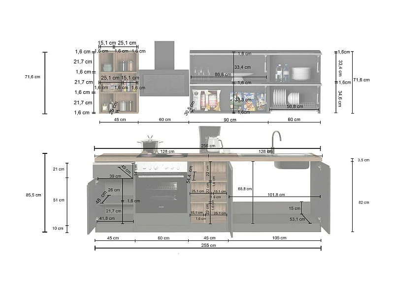 Cuisine complète Dcastill, Ensemble avec garde-manger, Meuble de kitchenette, Kit bloc linéaire, 100% Made in Italy, 255x60h85 cm, Blanc brillant et ardoise