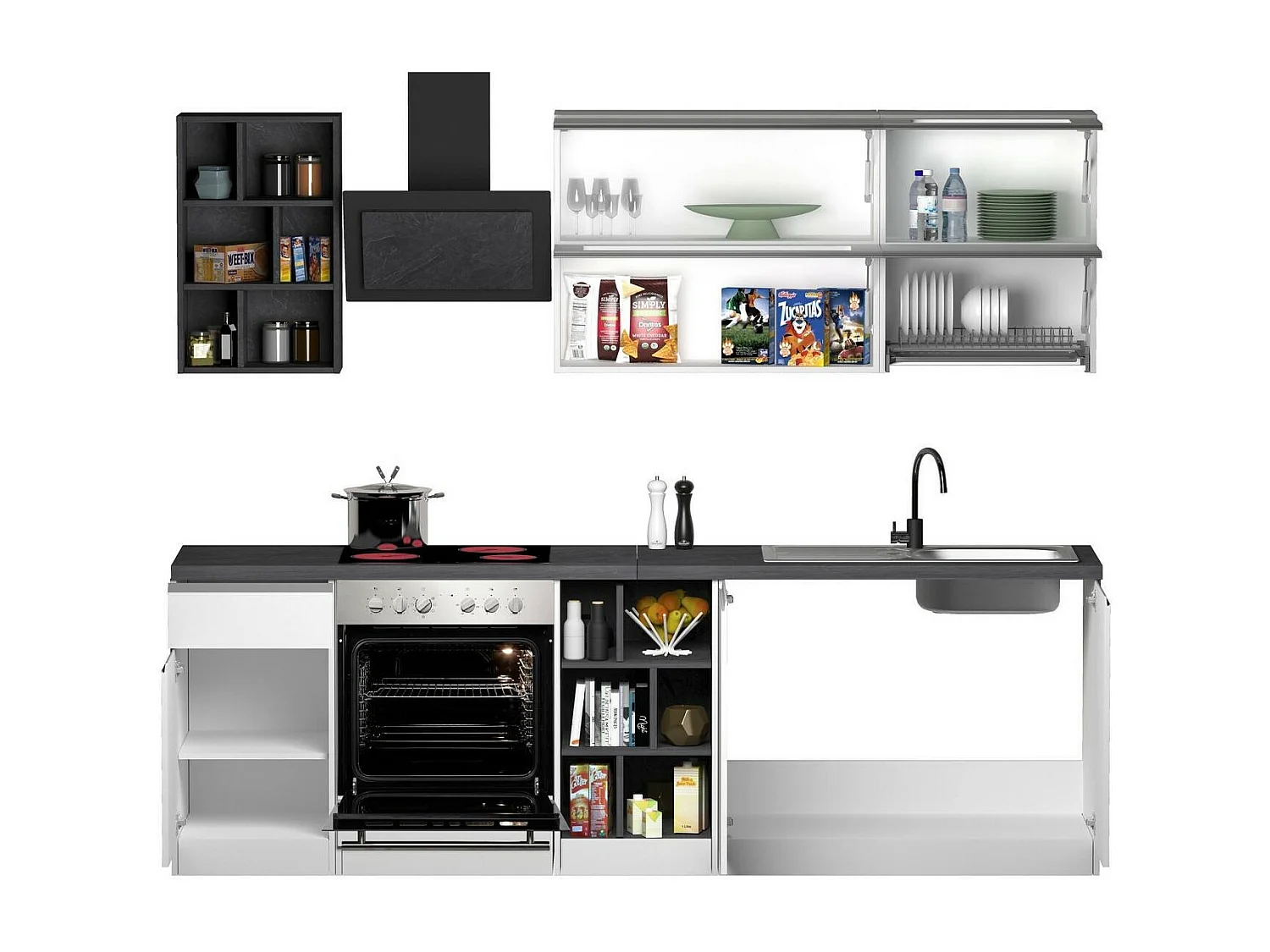 Cuisine complète Dcastill, Ensemble avec garde-manger, Meuble de kitchenette, Kit bloc linéaire, 100% Made in Italy, 255x60h85 cm, Blanc brillant et ardoise