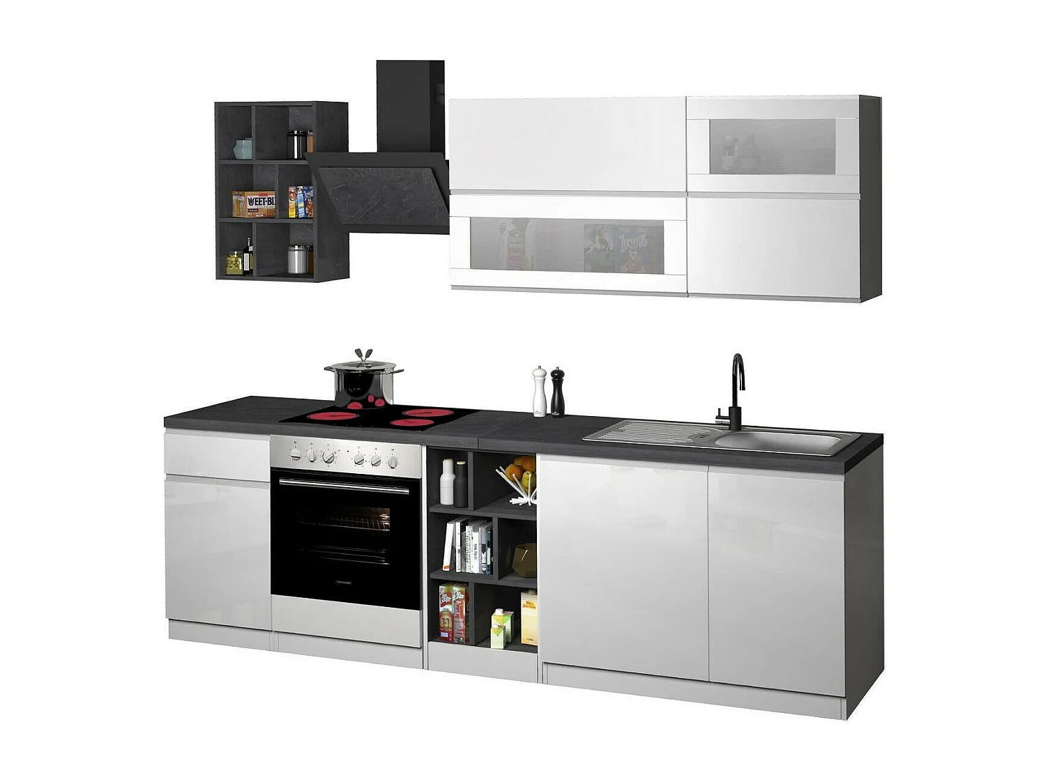 Cuisine complète Dcastill, Ensemble avec garde-manger, Meuble de kitchenette, Kit bloc linéaire, 100% Made in Italy, 255x60h85 cm, Blanc brillant et ardoise