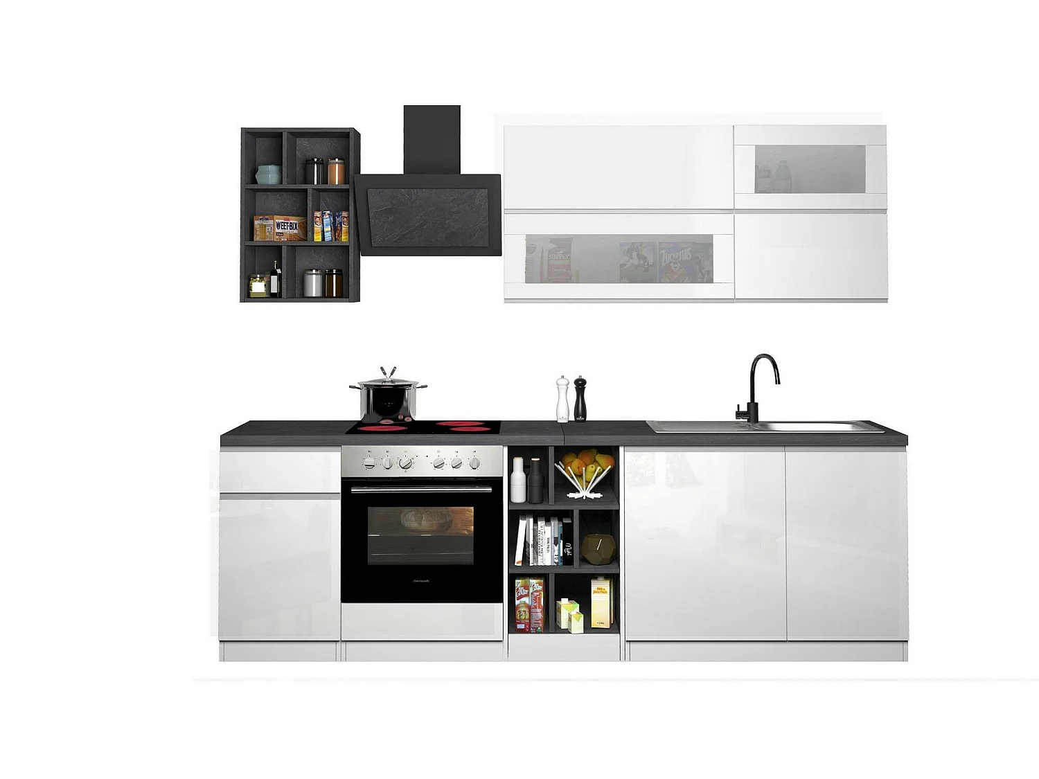 Cuisine complète Dcastill, Ensemble avec garde-manger, Meuble de kitchenette, Kit bloc linéaire, 100% Made in Italy, 255x60h85 cm, Blanc brillant et ardoise