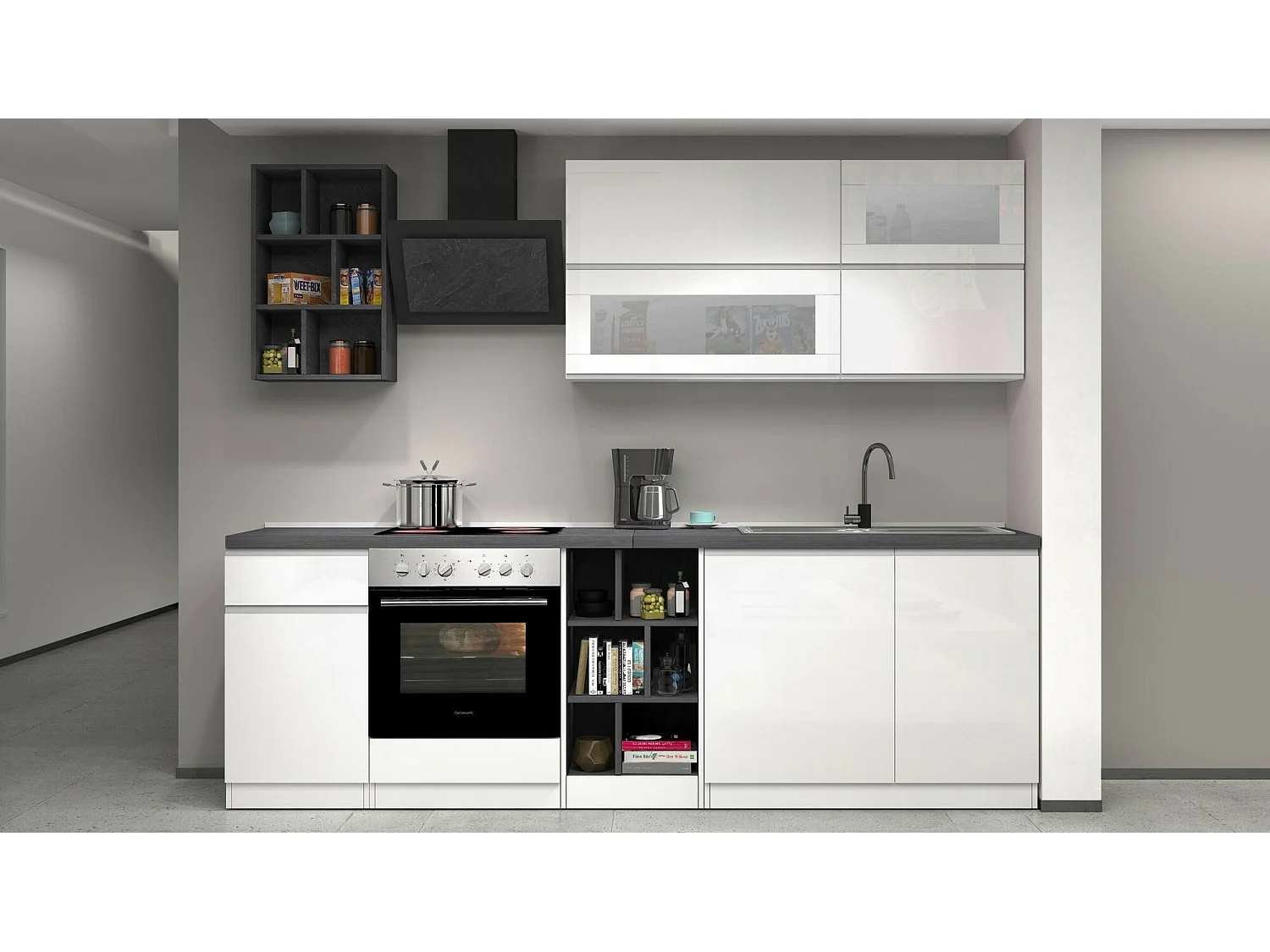 Dcastill complete keuken, Set met bijkeuken, Keukenkast, Lineaire blokkit, 100% Made in Italy, 255x60h85 cm, Glanzend wit en leisteen