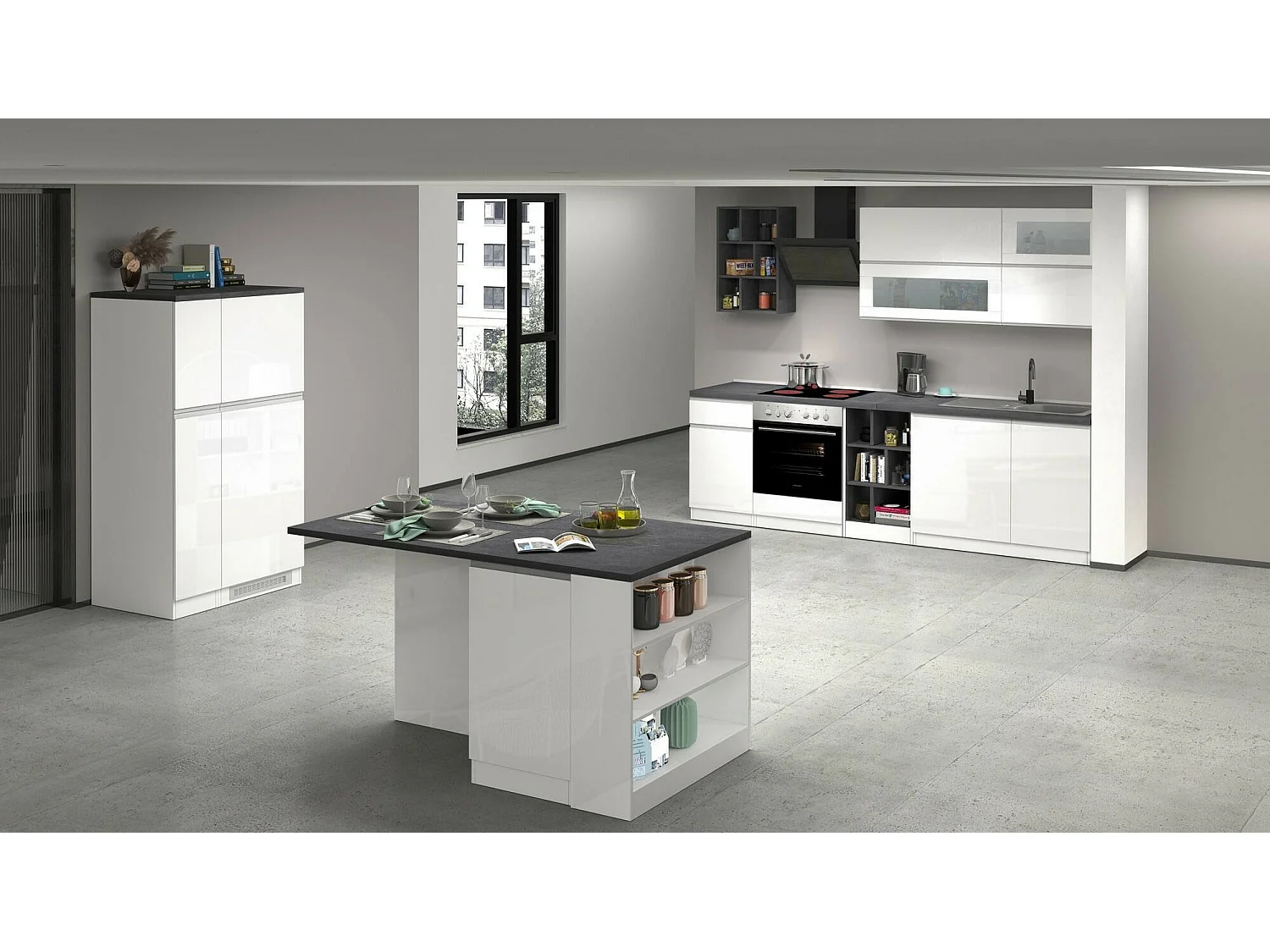 Cuisine complète Dcastill, Ensemble avec garde-manger, Meuble de kitchenette, Kit bloc linéaire, 100% Made in Italy, 255x60h85 cm, Blanc brillant et ardoise