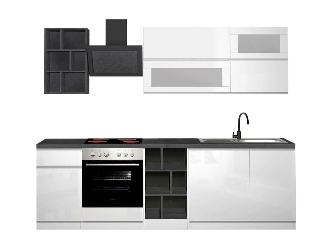 Dcastill complete keuken, Set met bijkeuken, Keukenkast, Lineaire blokkit, 100% Made in Italy, 255x60h85 cm, Glanzend wit en leisteen