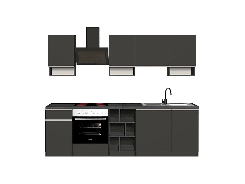 Dcelient complete keuken, Set met bijkeuken, Keukenkast, Lineaire blokkit, 100% Made in Italy, 255x60h85 cm, Antraciet en Leisteen