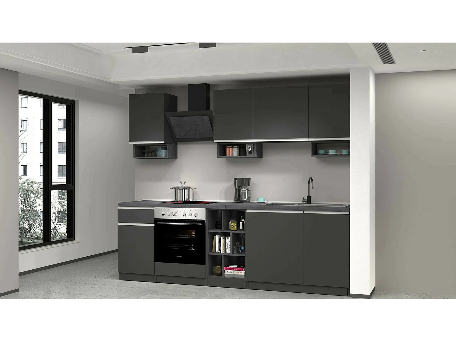 Cuisine complète Dcelient, Ensemble avec garde-manger, Meuble de kitchenette, Kit bloc linéaire, 100% Made in Italy, 255x60h85 cm, Anthracite et Ardoise
