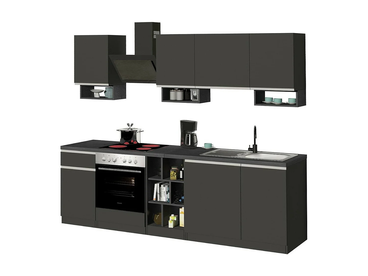 Cuisine complète Dcelient, Ensemble avec garde-manger, Meuble de kitchenette, Kit bloc linéaire, 100% Made in Italy, 255x60h85 cm, Anthracite et Ardoise