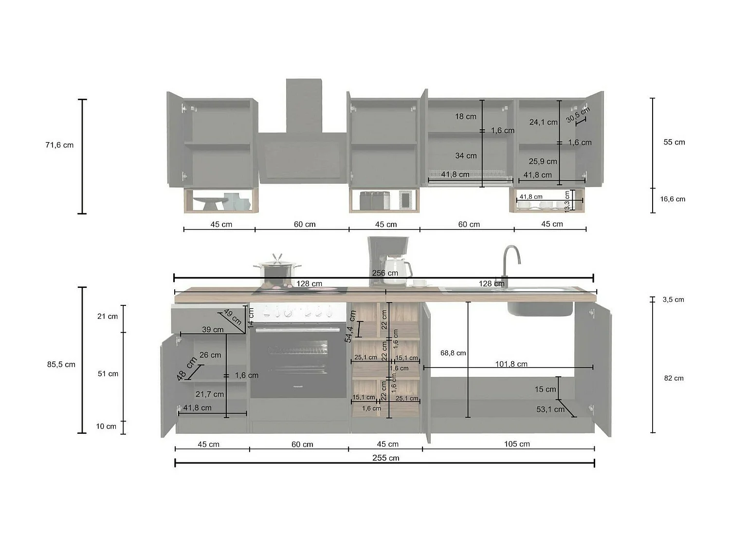 Dcelient complete keuken, Set met bijkeuken, Keukenkast, Lineaire blokkit, 100% Made in Italy, 255x60h85 cm, Antraciet en Leisteen