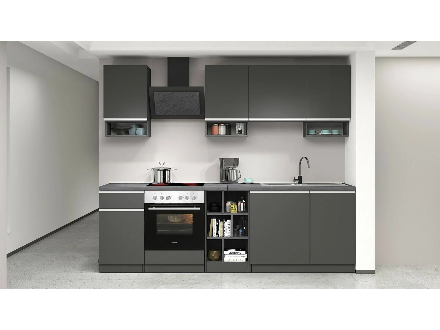 Dcelient complete keuken, Set met bijkeuken, Keukenkast, Lineaire blokkit, 100% Made in Italy, 255x60h85 cm, Antraciet en Leisteen