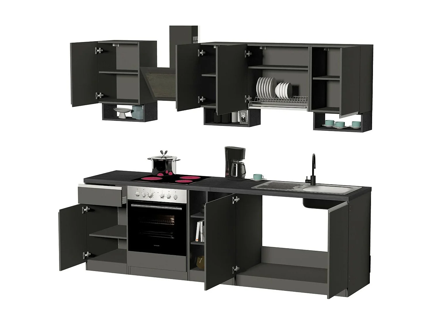 Cuisine complète Dcelient, Ensemble avec garde-manger, Meuble de kitchenette, Kit bloc linéaire, 100% Made in Italy, 255x60h85 cm, Anthracite et Ardoise