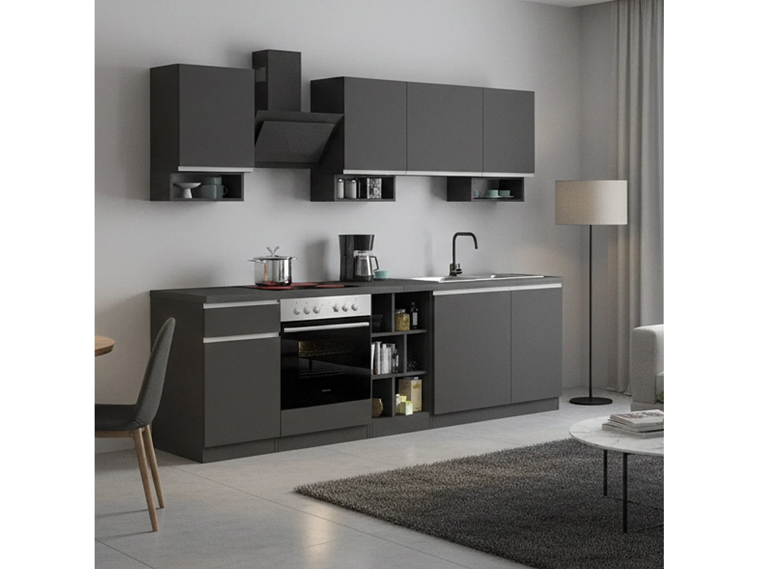 Cuisine complète Dcelient, Ensemble avec garde-manger, Meuble de kitchenette, Kit bloc linéaire, 100% Made in Italy, 255x60h85 cm, Anthracite et Ardoise