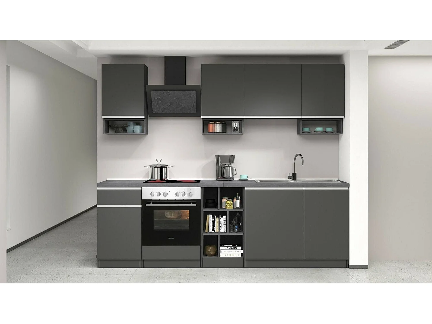 Cuisine complète Dcelient, Ensemble avec garde-manger, Meuble de kitchenette, Kit bloc linéaire, 100% Made in Italy, 255x60h85 cm, Anthracite et Ardoise